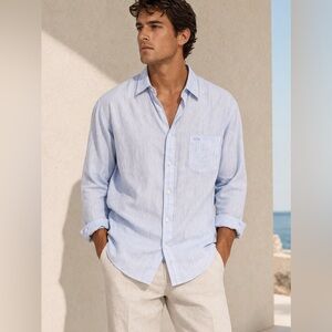 Paul & Shark Linen Shirt Mens 2XL Blue Contrast Cuffs Button Down Casual, Italy